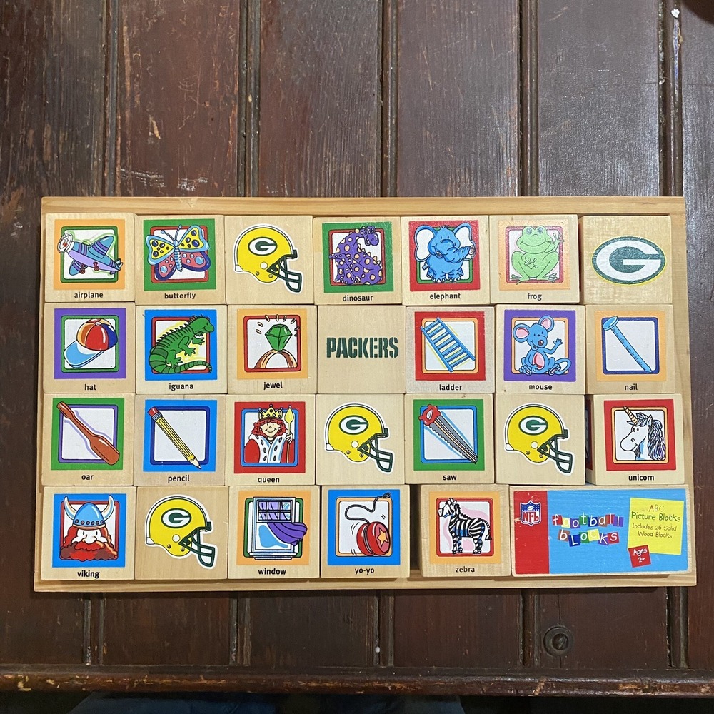 Licensed NFL Green Bay Packers Wood Alphabet ABC Picture Stacking Blocks